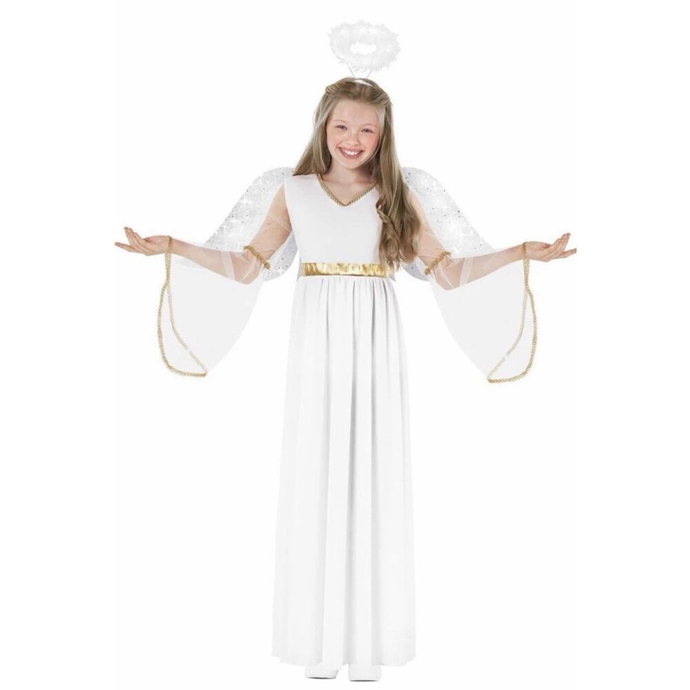 Morph Kids Angel Costume Girls XL 12-14 White Dress Wings Halo Halloween Outfit
